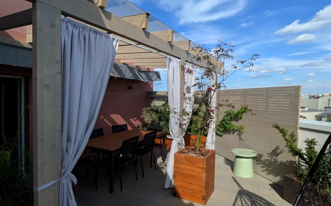 Aranżacja tarasu 30 m² z pergolą i oświetleniem LED w Warszawie